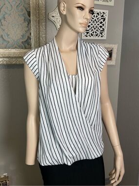 Halogen Striped White & Black Surplice Cap-Sleeve Women’s Top